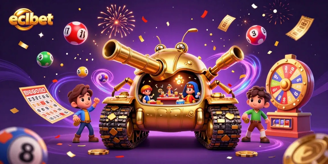 Experience eclbet's lively online casino atmosphere with golden elements and lottery excitement.
