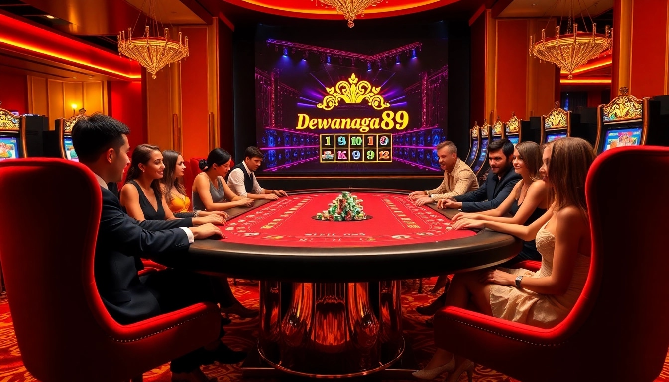 Rasakan sensasi slot dewanaga89 di dalam adegan kasino yang hidup dengan pemain elegan dan suasana mewah.