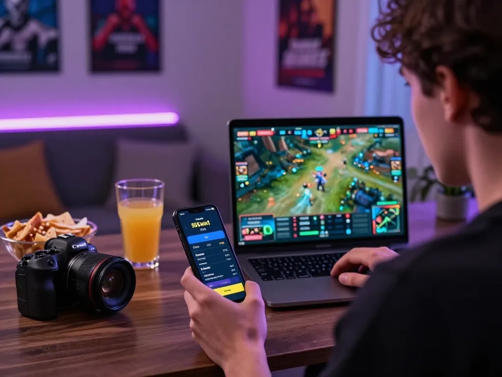 Engaged in online esports betting with the 555win1 app on a laptop, showcasing an exciting betting experience.