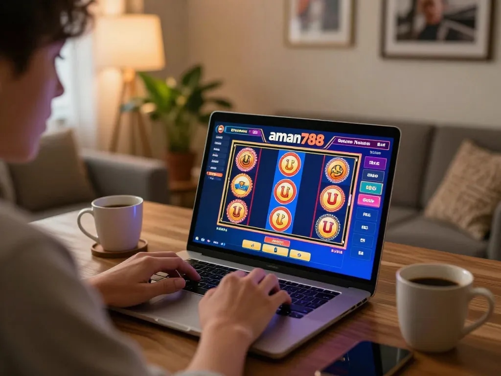 Bermain slot gacor aman788 di laptop di rumah, menampilkan grafik yang cerah dan suasana yang nyaman