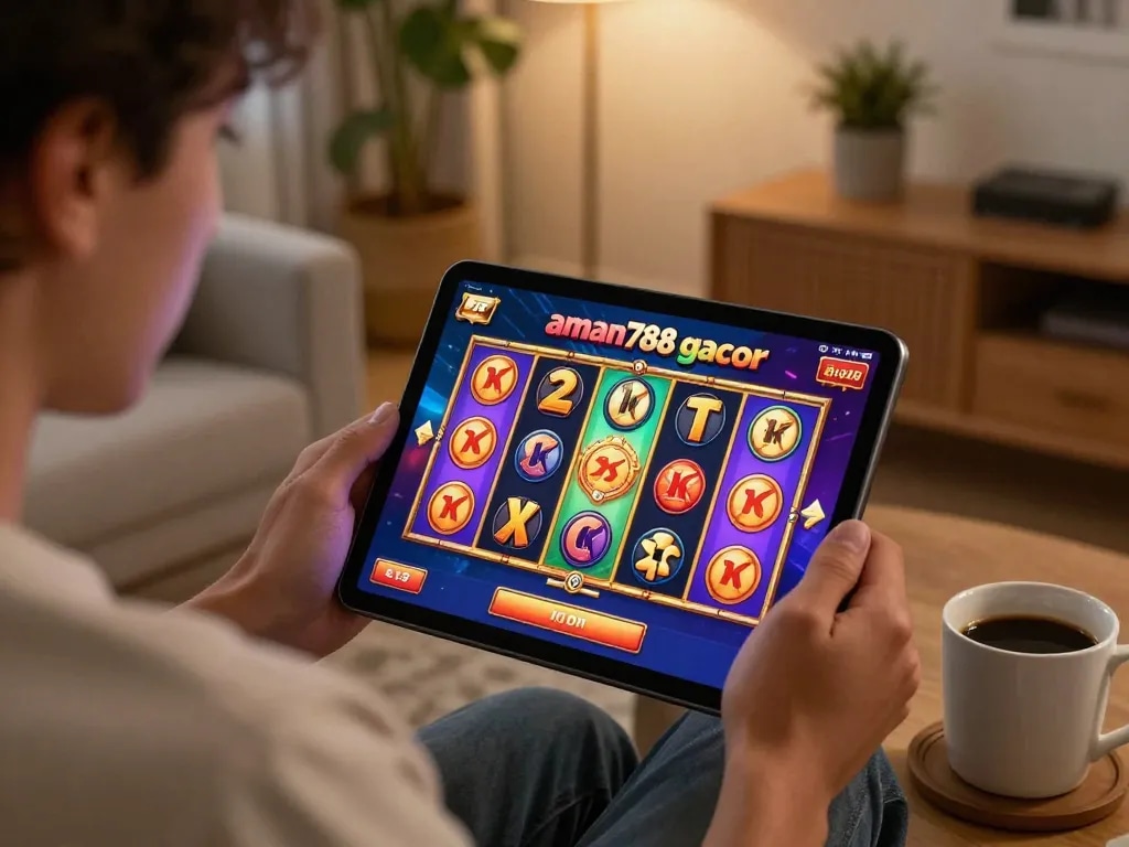 Playing aman788 slot gacor on a tablet in a cozy home setting with colorful slot display.