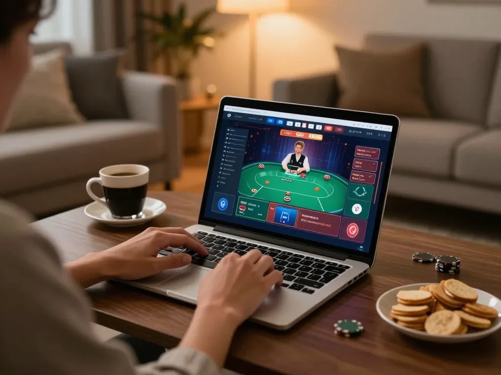 Player engaged in a strategic poker game on bk8 platform, showcasing online gambling setup with modern decor.