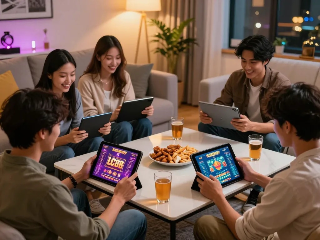 Players enjoying exciting games on lc88 platform during a cozy home gaming night.