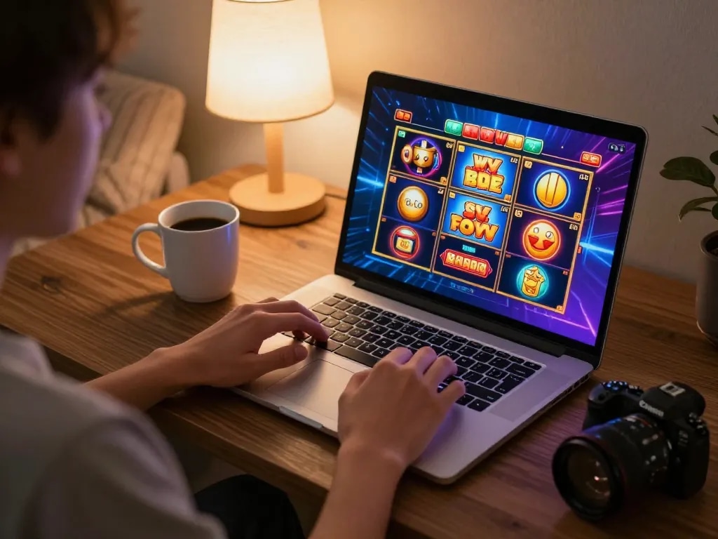 Pemain menikmati permainan slot yang mendebarkan di laptop dalam pengaturan rumah yang nyaman, menekankan pengalaman bermain game online yang menarik