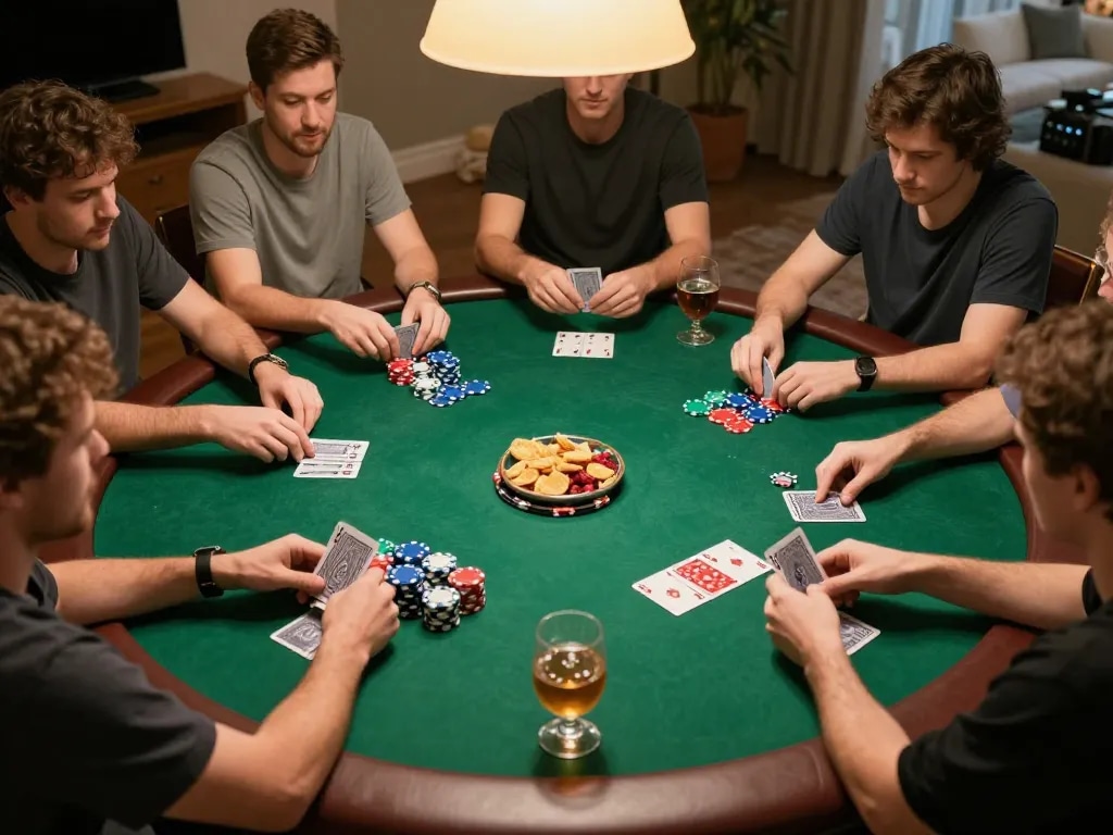 Engaged players at a Go8 poker night strategizing their moves around a vibrant green felt table.