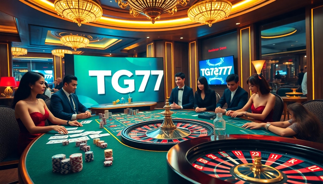 Exciting online casino atmosphere showcasing TG777 link with poker chips and roulette wheel.