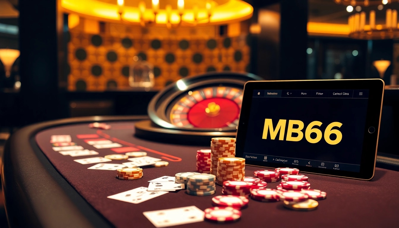 Experience thrilling moments at MB66 casino with a vibrant poker table and roulette wheel.