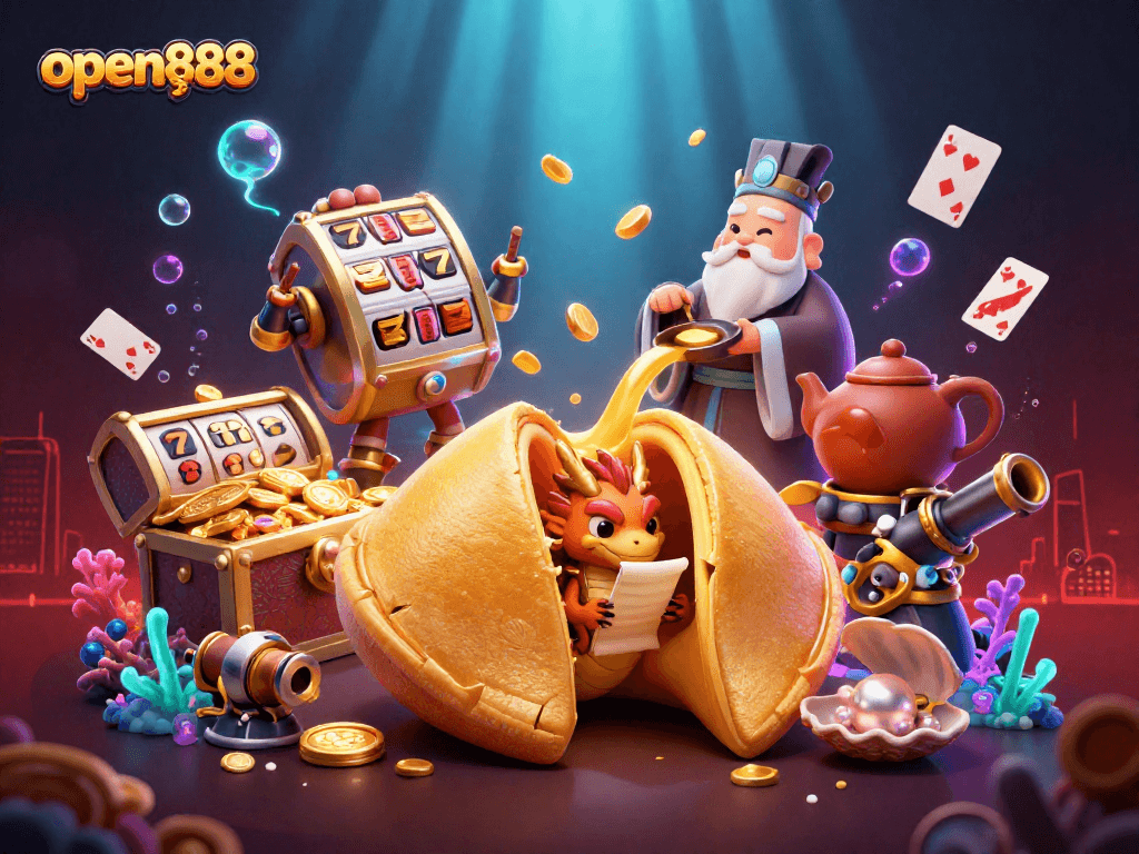 Open888 brings casino excitement alive with golden fortune cookie and vibrant slot game elements.