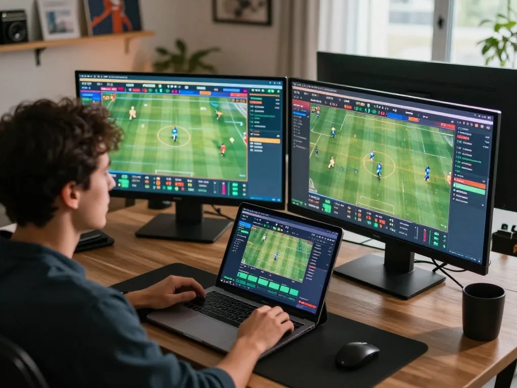 Engaging gameplay on KP88 sports betting platform, individual analyzing odds and matches on multiple screens