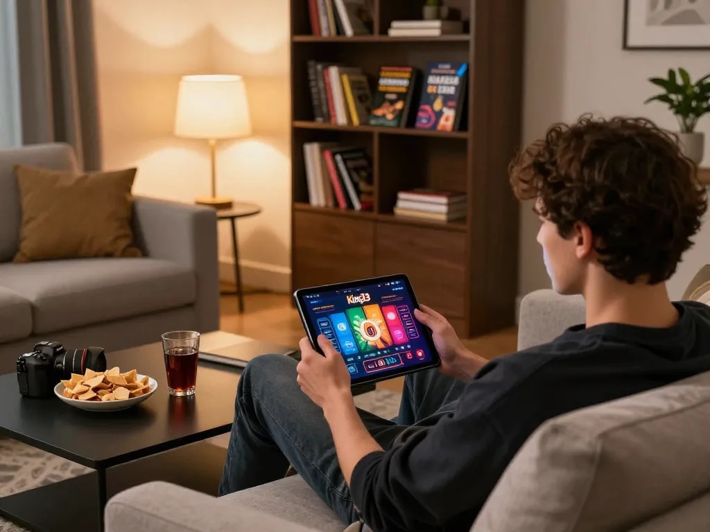 Gambling at home on king33 platform with tablet interface showcasing vibrant gaming action