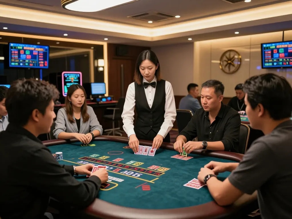 Engaged players strategizing at nhà cái 8xbet's live dealer table, experiencing premium blackjack gameplay.