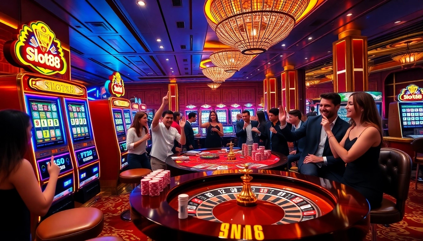 Excited players winning jackpots at slot88 machines in a luxurious casino setting.