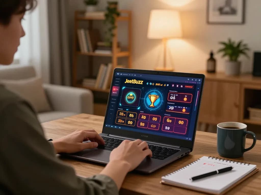 Engaging online gaming session on Jeetbuzz with vibrant graphics displayed on laptop in cozy home setting.