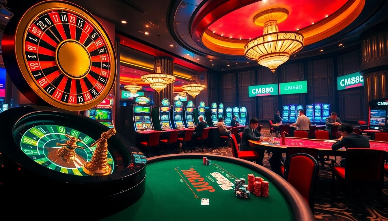 Exciting scene of gamblers at CM88 casino tables with roulette, poker, and slot machines.