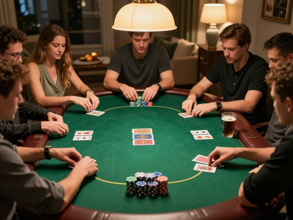 Players enjoy a round of poker at a home game night, showcasing MM88 strategy and competitive spirit.