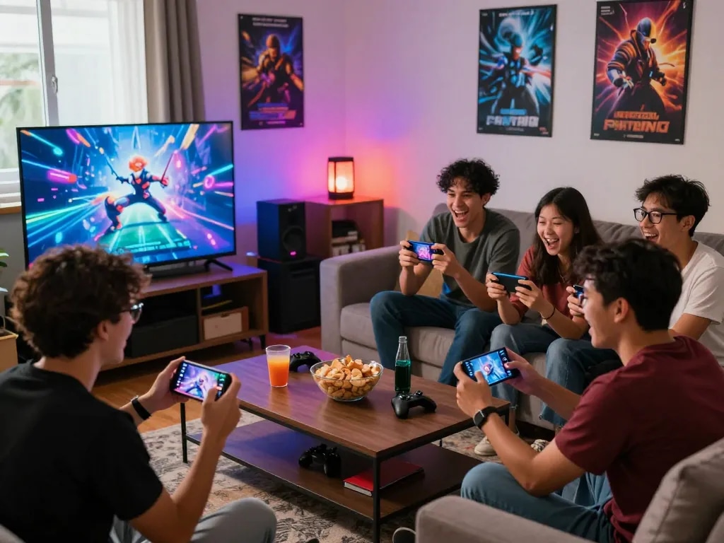 Gamers enjoying Panen178 in a cozy living room setting with snacks and colorful lights.