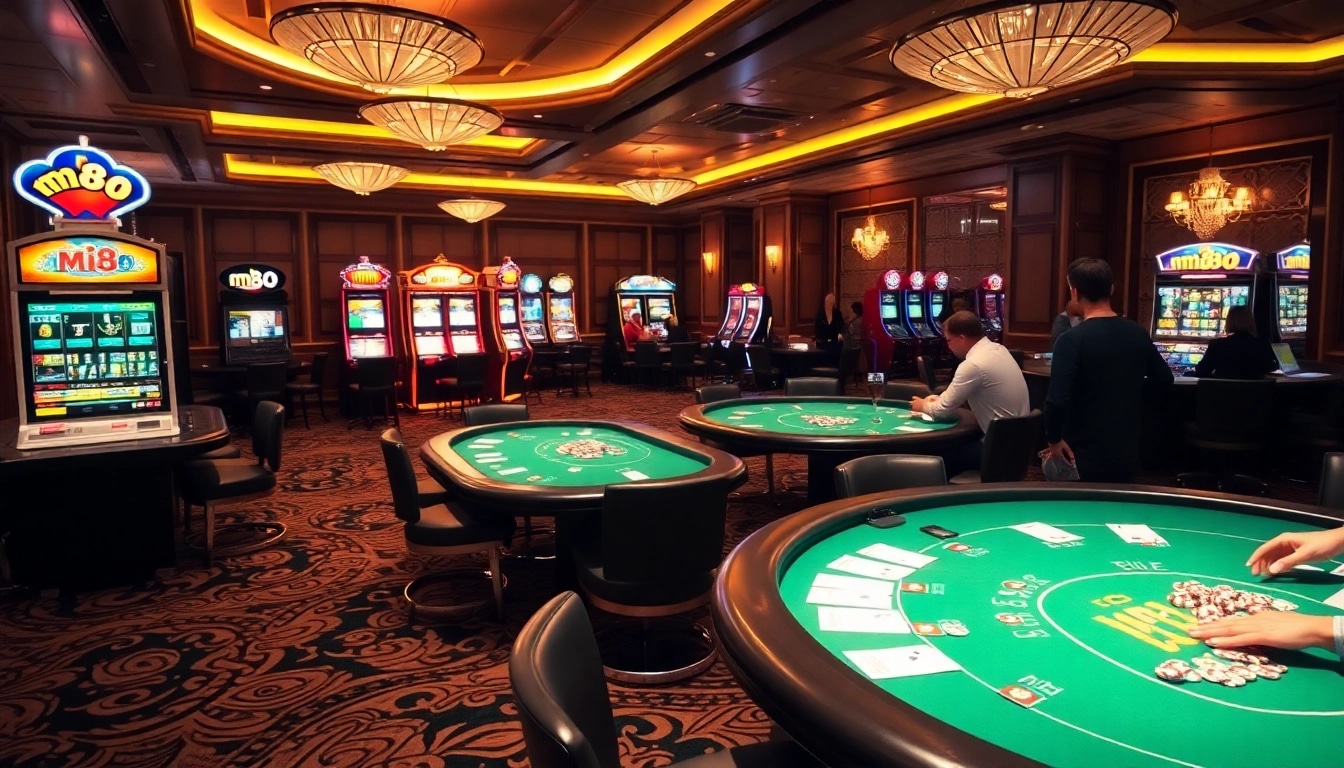 Experience luxury gaming with mm88, featuring poker tables, slot machines, and vibrant casino atmosphere.