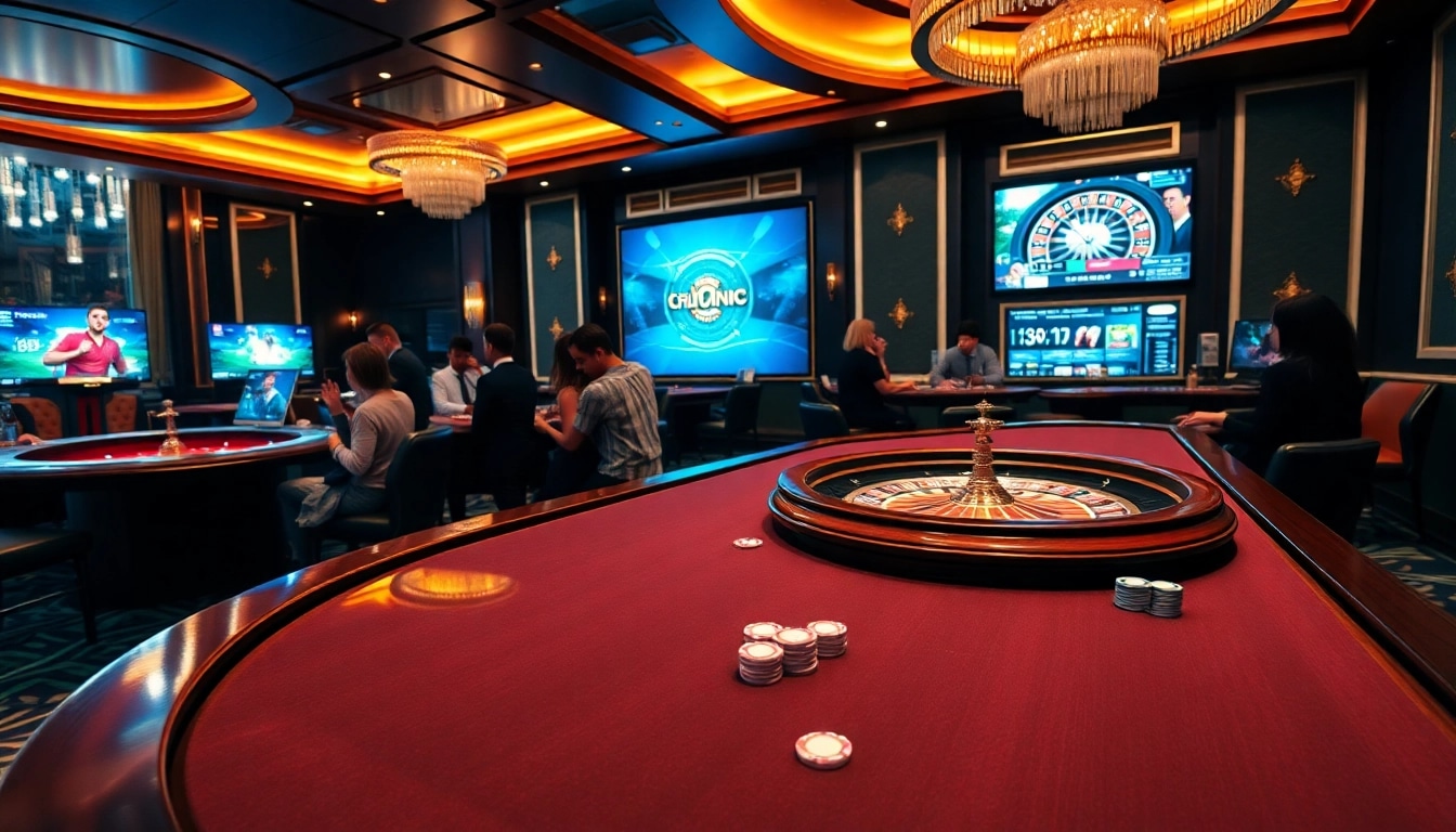 A lively casino scene showcasing the excitement of go99.jp.net with players at a poker table and roulette wheel.