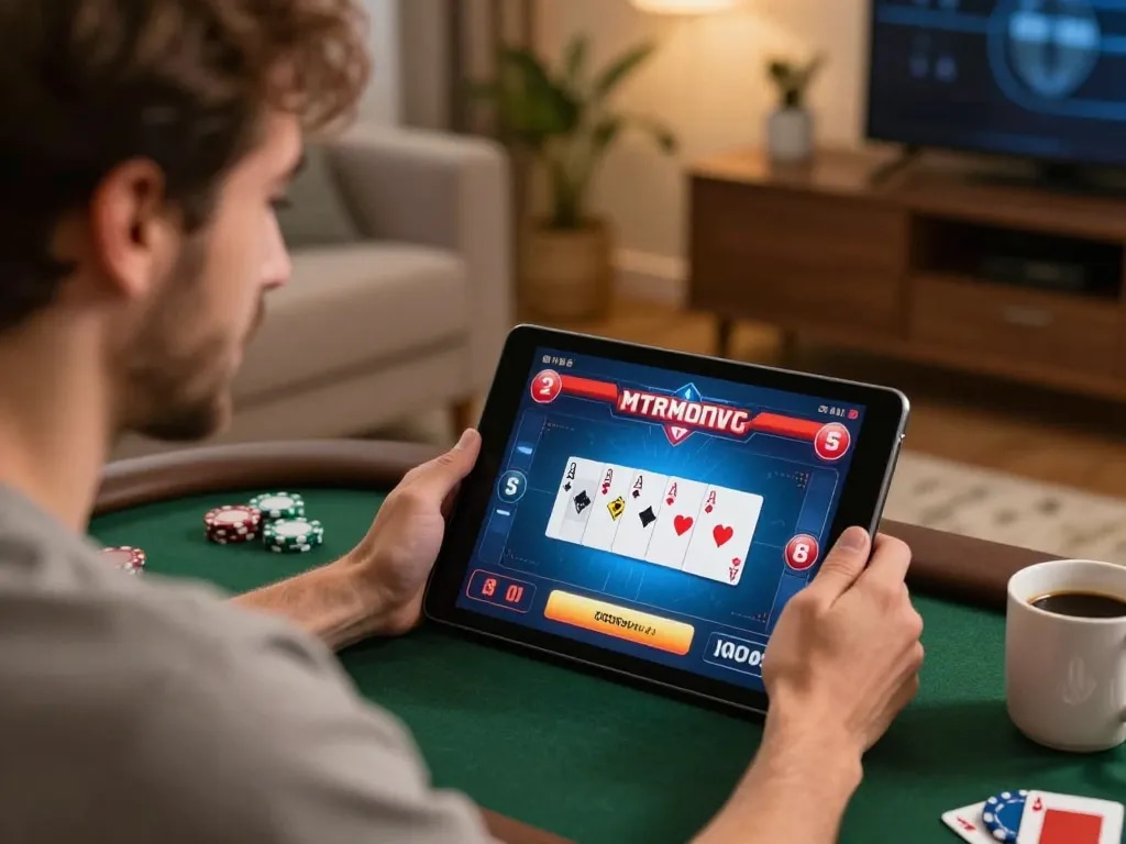king33 online player enjoying engaging poker game on tablet in cozy setting