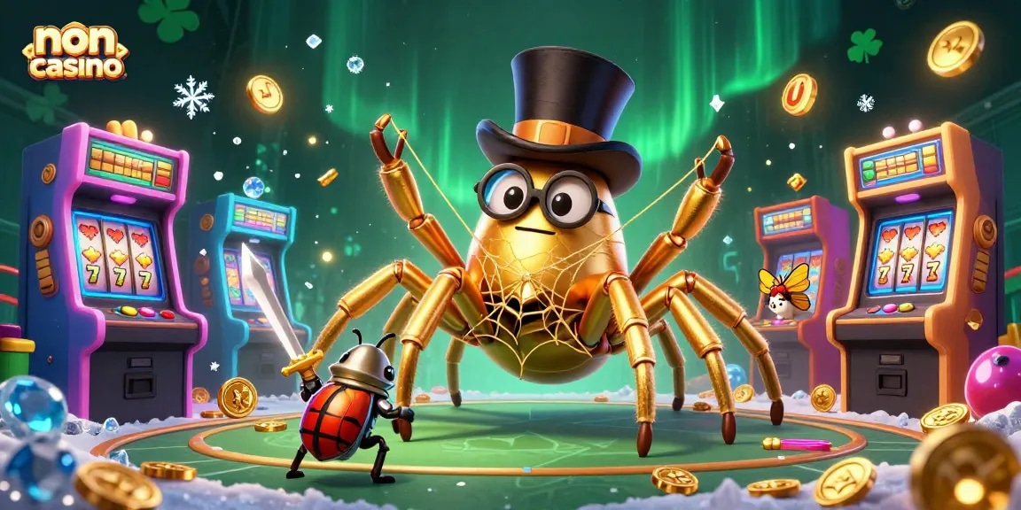 Experience the thrill of a non uk casino adventure with a golden tarantula, a beetle knight, and vibrant gaming elements.