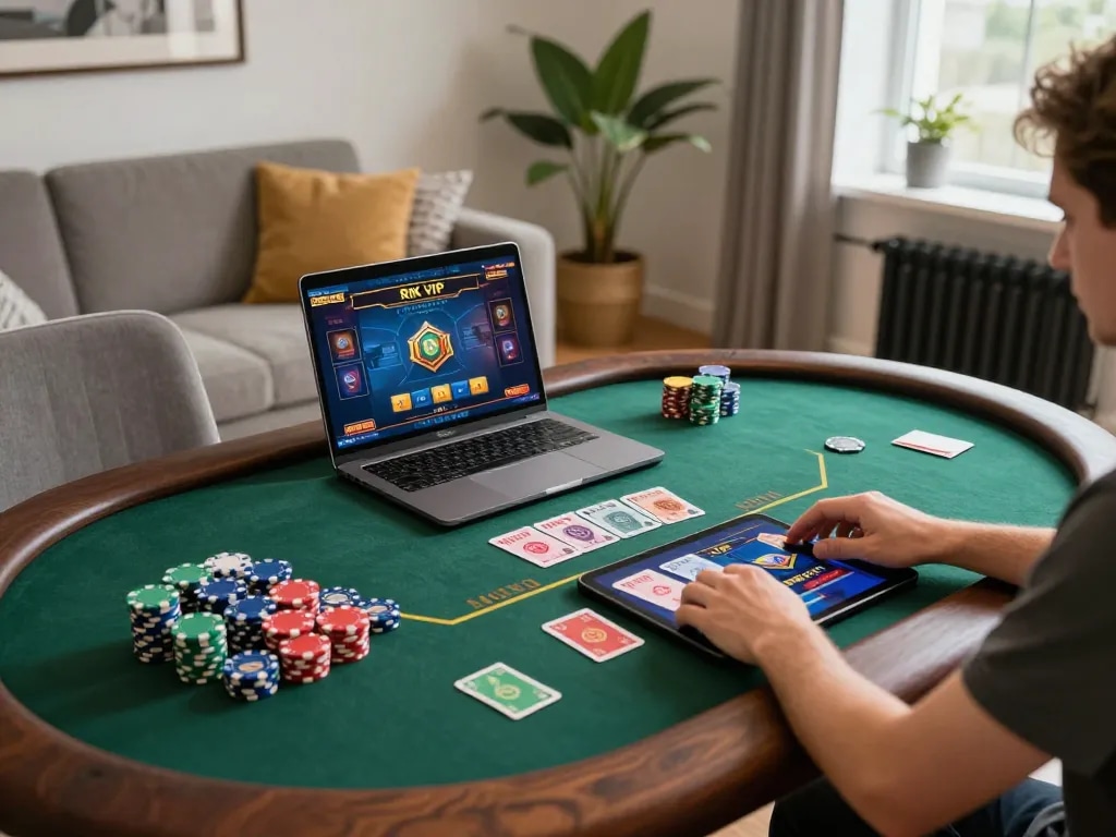 Engaging in Rik vip online gaming with chips and cards on a stylish home dining table