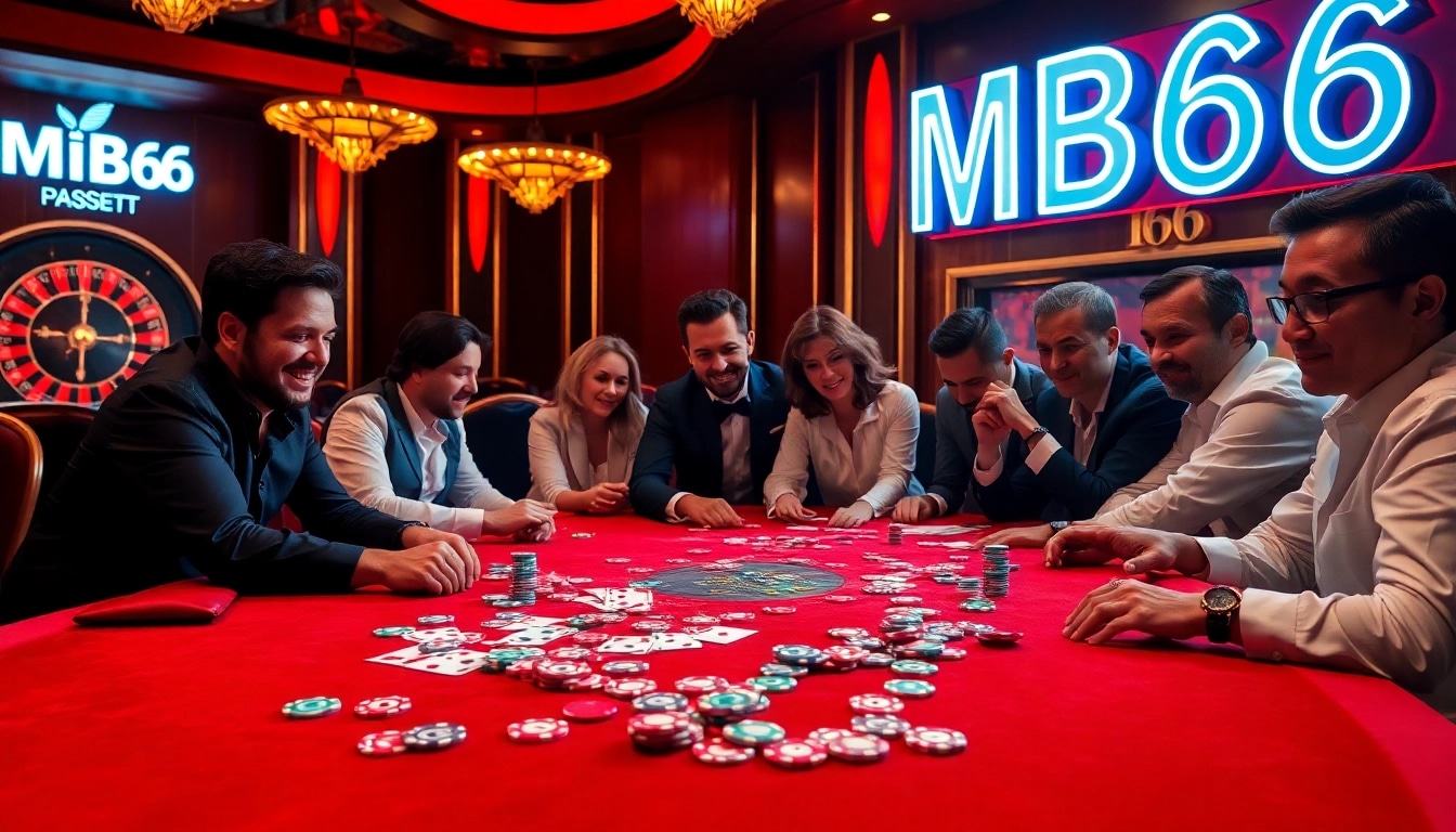 Engaged players enjoying high-stakes poker at MB66 casino table with vibrant chips.