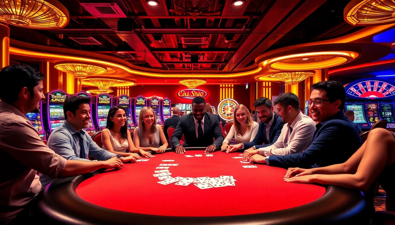 Players enjoy an exciting poker game at a casino table, capturing a thrilling moment with 6slots8 com in the background.