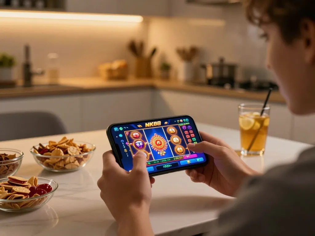 Person excitedly playing NK88 mobile casino app, showcasing engaging slot game