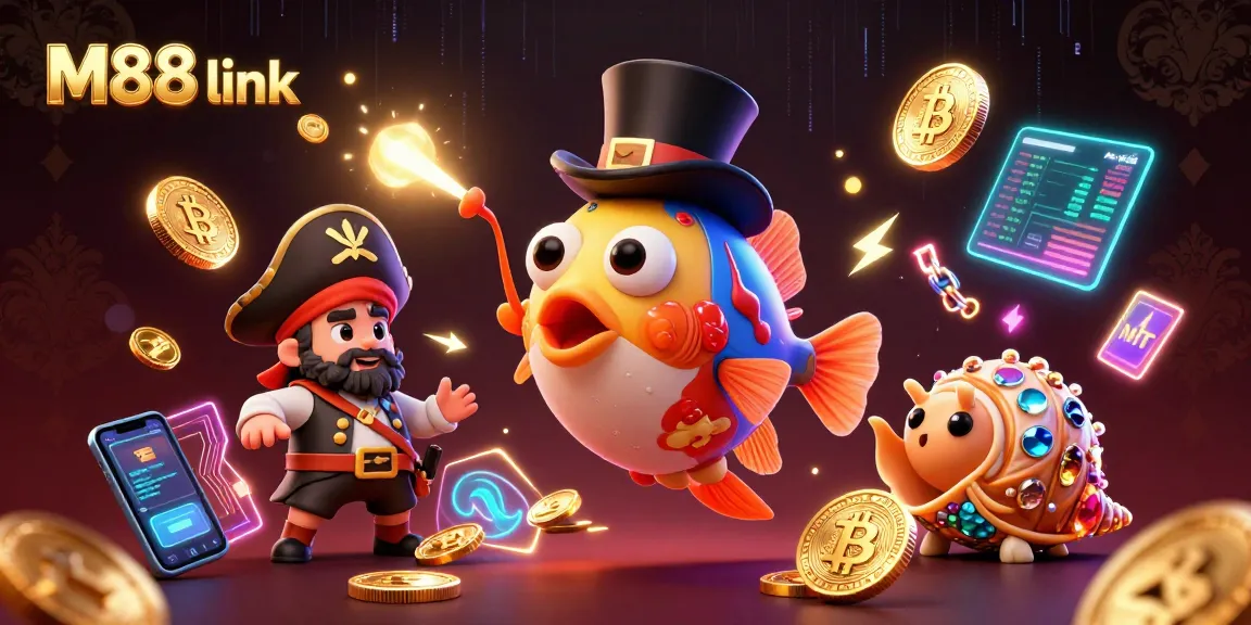 Experience M88 link with thrilling 3D illustration showcasing casino elements and crypto coins.