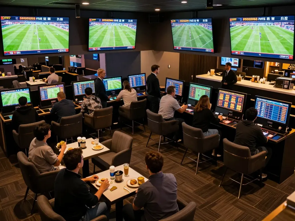 Soi Kèo dynamic sports betting scene with patrons engaged in analyzing odds and placing bets.