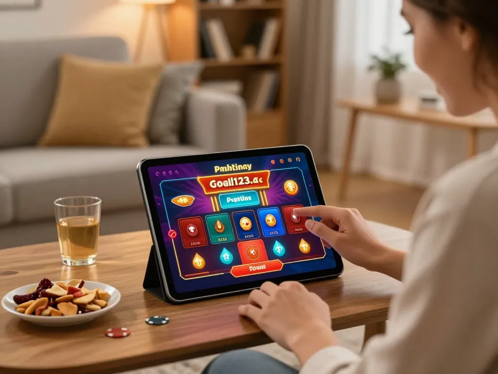 Playing online casino games at home on a tablet in a cozy environment at https://goal123.ac/ while enjoying snacks and drinks.