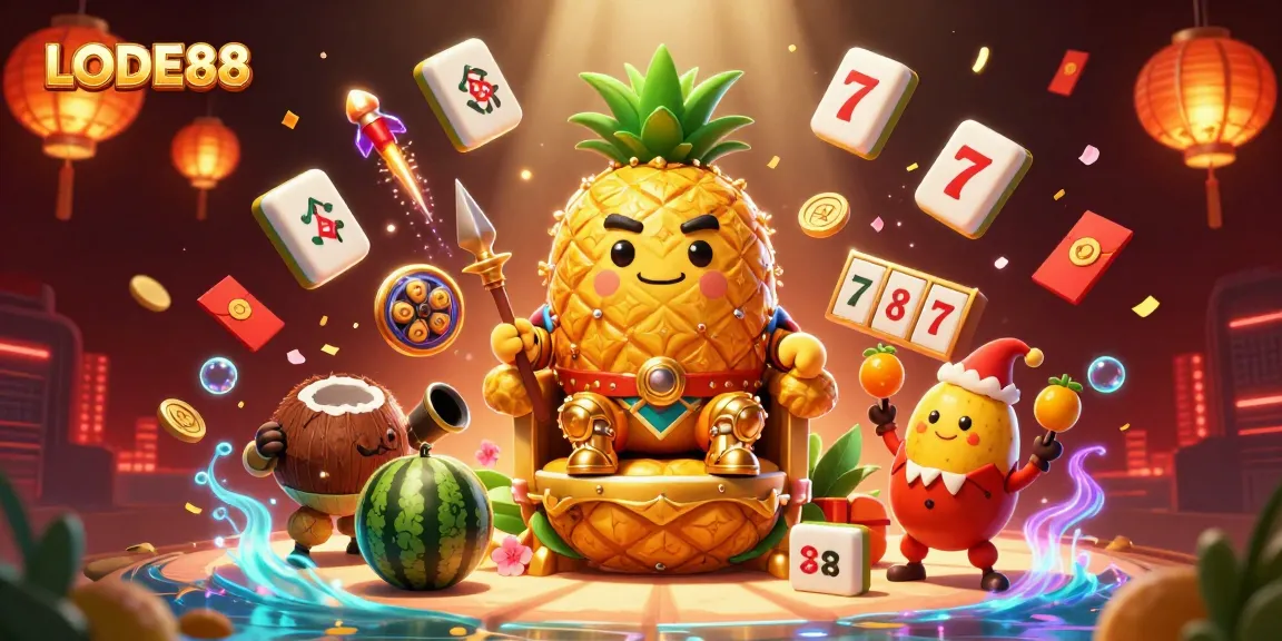 Experience the vibrant world of LODE88 with a dynamic beach casino scene featuring a golden pineapple king and game elements.