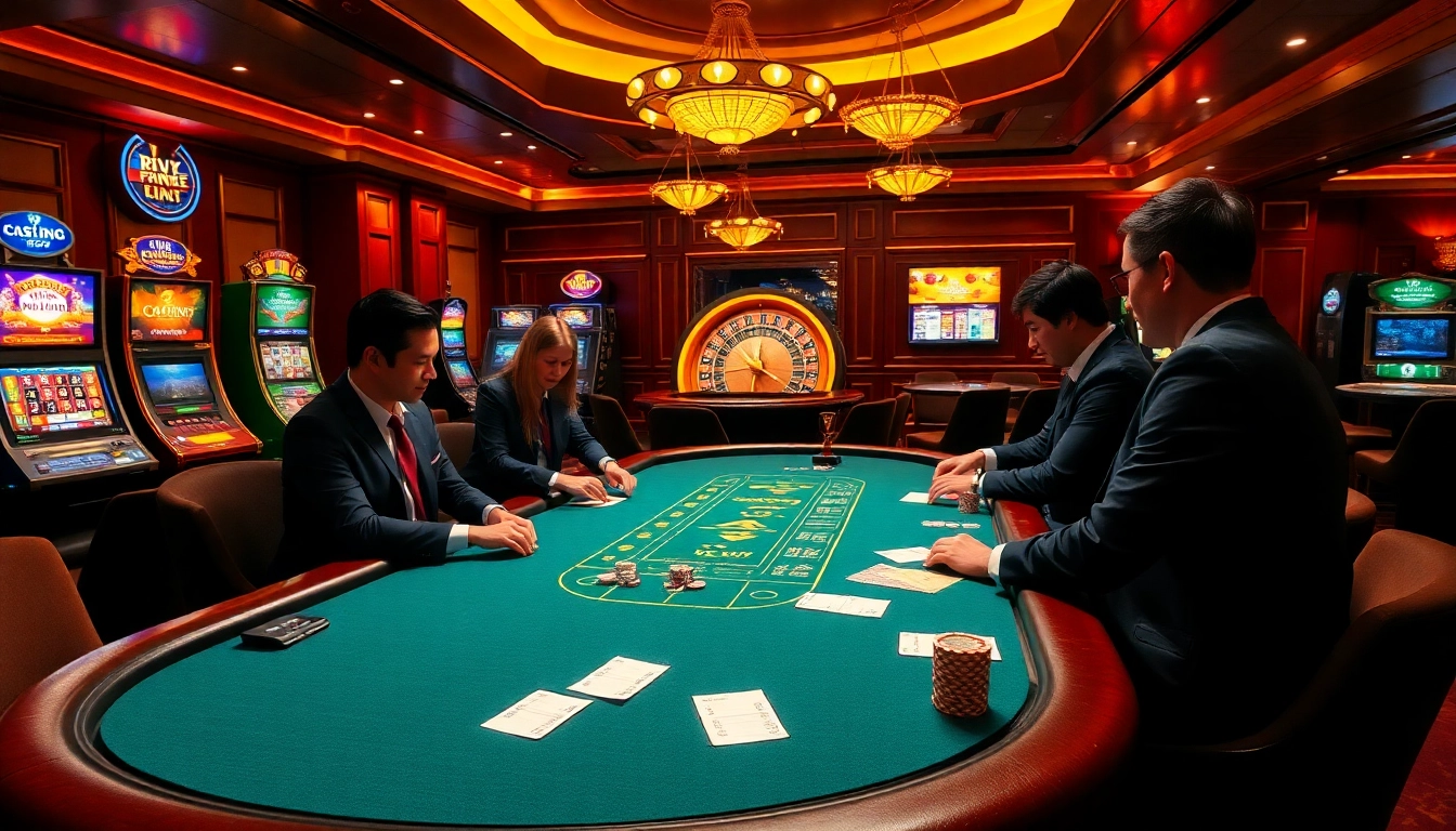 Experience the thrill of gambling at https://kuwinblog.com/ with a vibrant poker table and slot machines.