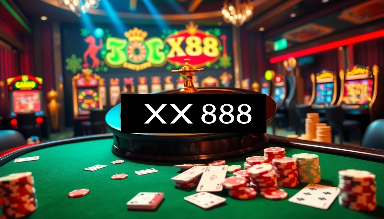 Experience the thrill of gambling at XX88 with vibrant tables, cards, and betting slips.