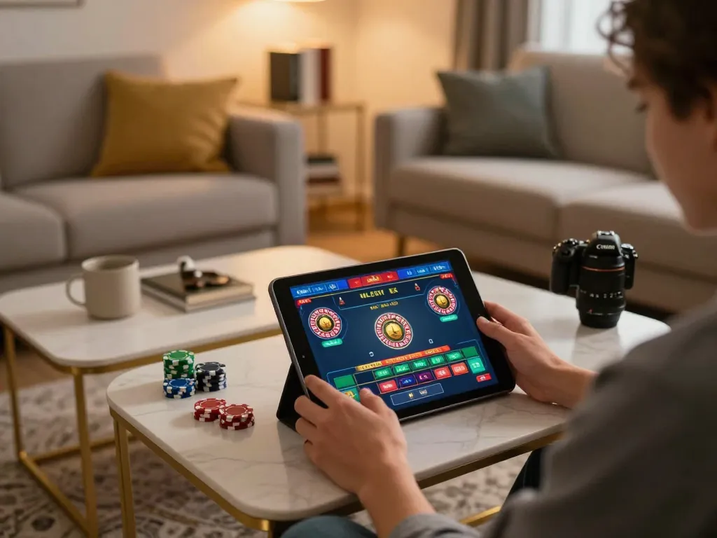Engaging with live dealer game on open88.com inside a cozy home setting.