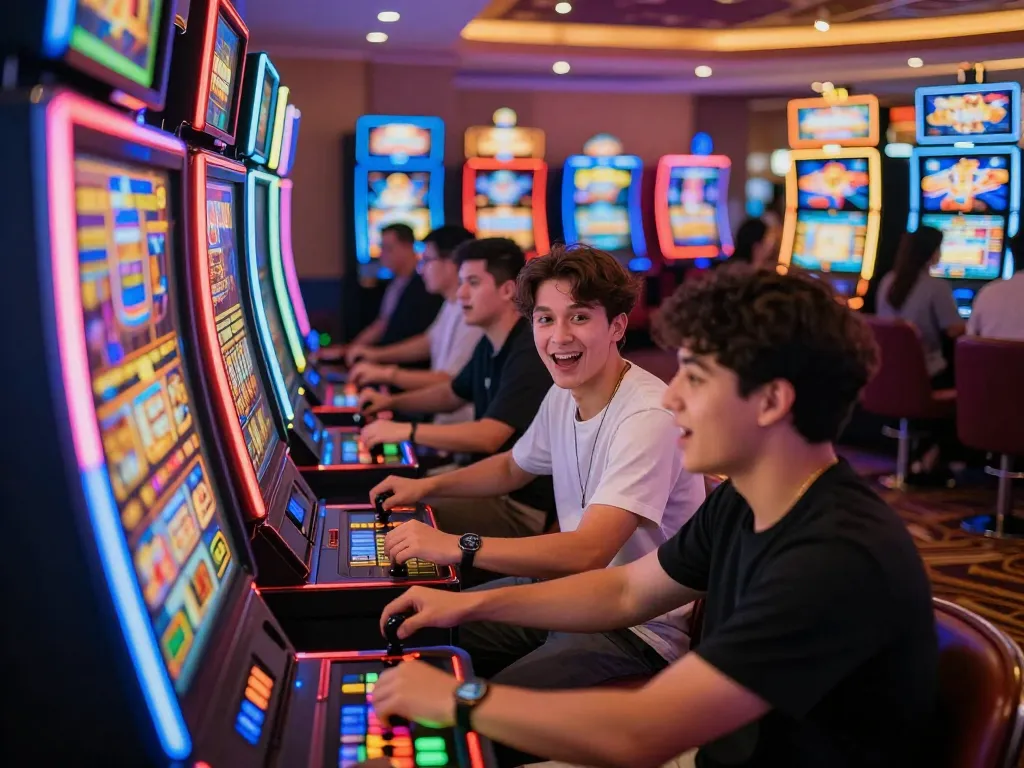 Players at NET88 slot machines experiencing an engaging gaming moment amidst vibrant lights.