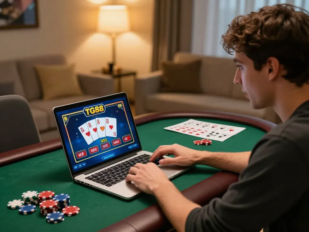 Player strategizing while playing on TG88 online casino, showcasing a vibrant gaming environment
