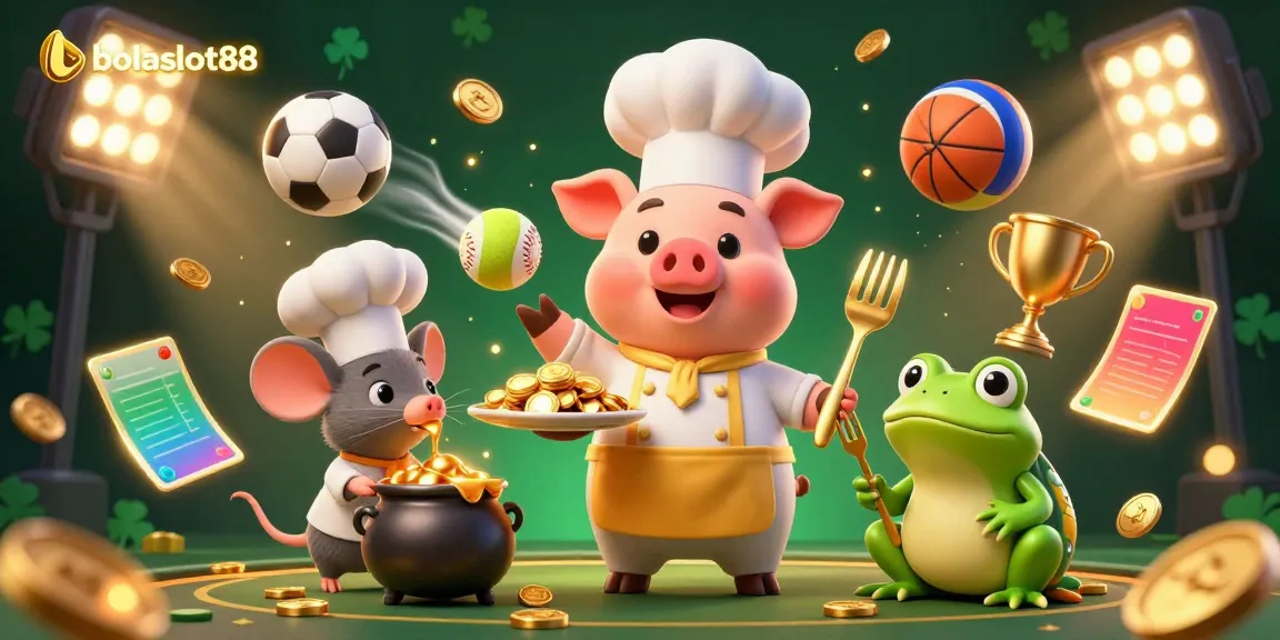 Experience the excitement of bolaslot88 with a cartoon chef pig serving gold coins in a lively casino scene.