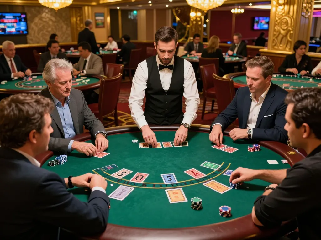 Engaged players at a blackjack table in SC88 casino, showcasing vibrant gameplay and strategic interactions.