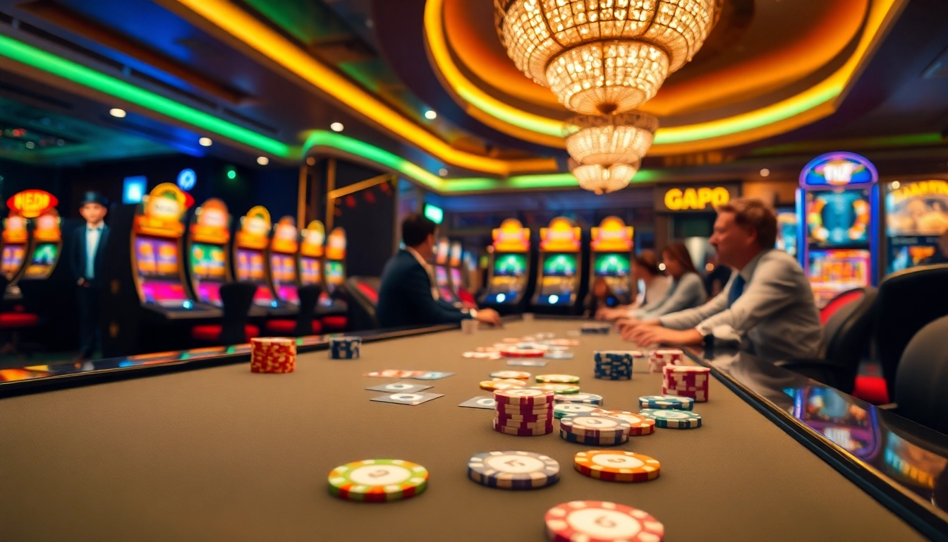 Exciting casino atmosphere at Hi888 with poker chips and vibrant slot machines.