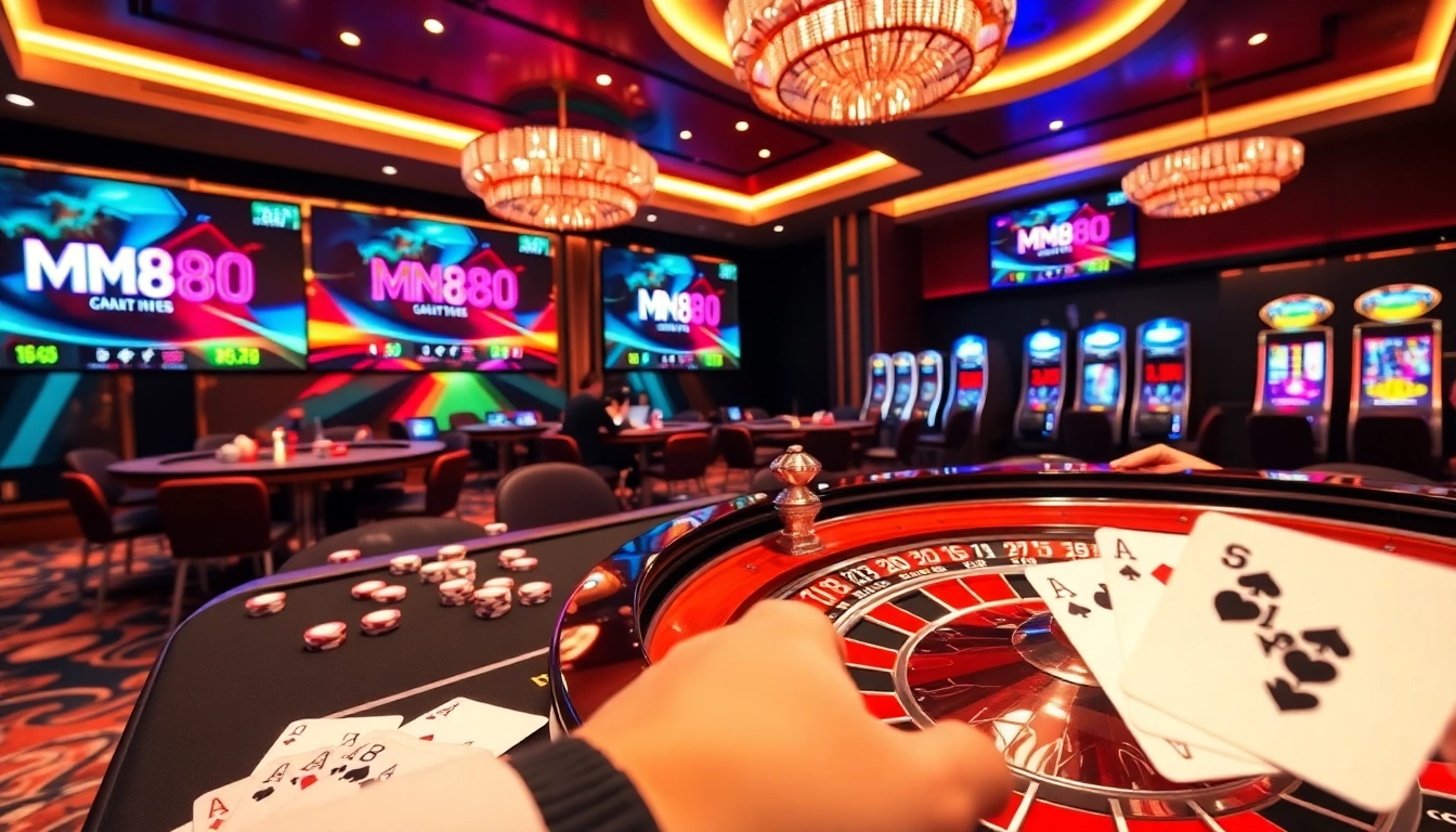 Experience MM88's thrilling casino ambiance with roulette, poker chips, and vibrant digital branding.