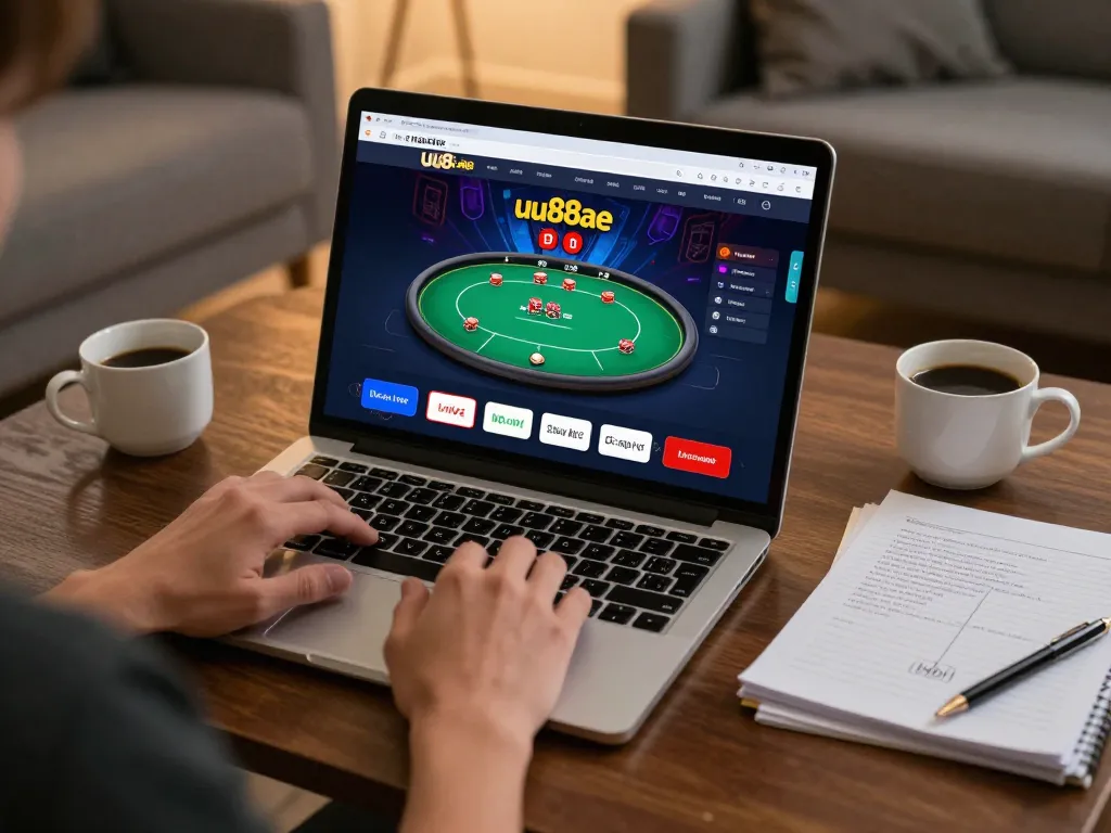 Player engaging with the uu88ae online casino interface, focused on a poker game in a cozy home setting