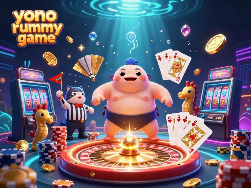 Gambarkan aksi permainan yono rummy game yang menarik dengan karakter ceria dan elemen kasino penuh warna.