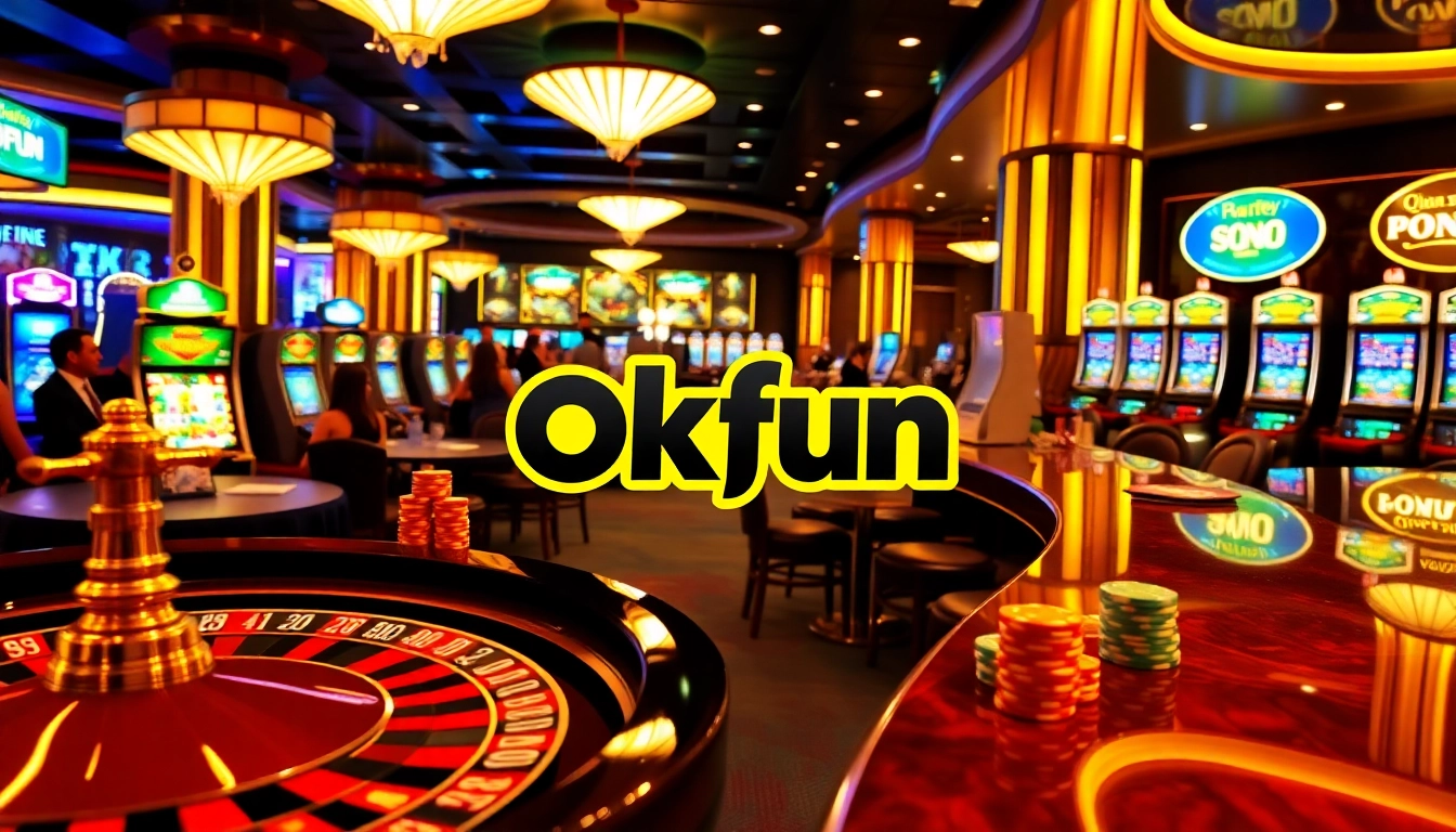Players enjoying thrilling games at Okfun's luxurious casino tables.