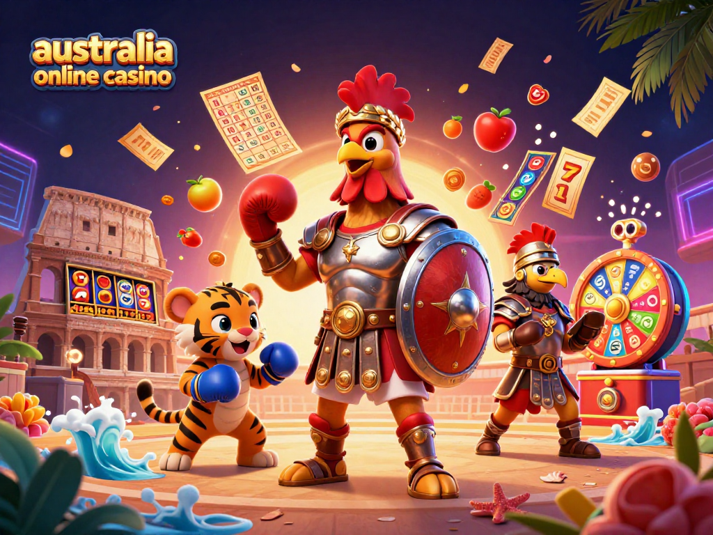 Win big at australia online casino with colorful slot reels, dynamic characters, and vibrant energy.