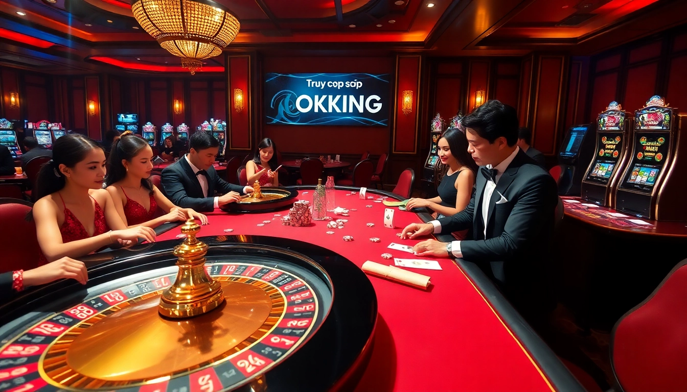 Experience the thrill of gambling through "Truy cập OKKING" showcasing players at a luxurious casino table.