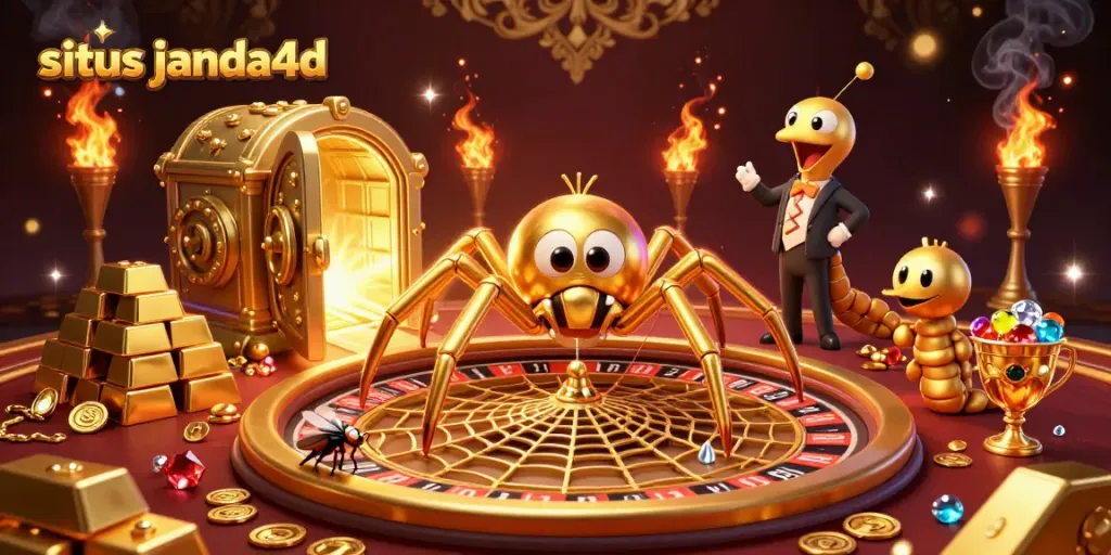 Situs Janda4d menghadirkan ilustrasi menarik dengan laba-laba emas dan croupier miliarder dalam dunia permainan kasino