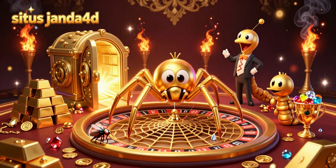 Situs Janda4d menghadirkan ilustrasi menarik dengan laba-laba emas dan croupier miliarder dalam dunia permainan kasino