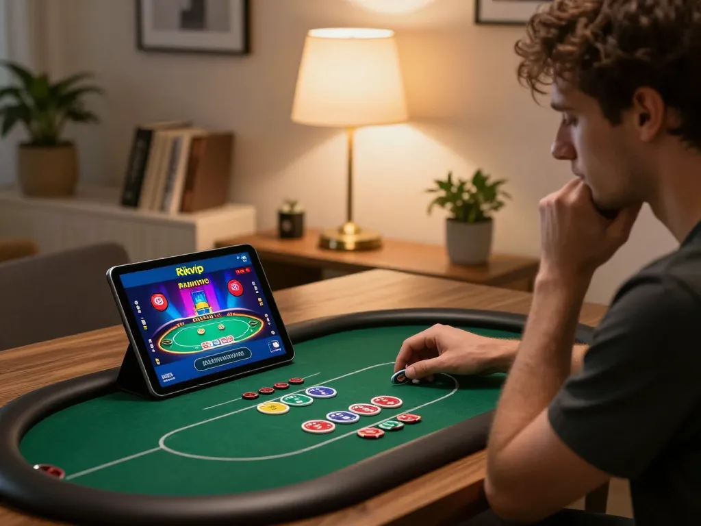 Engaging in strategic gameplay on Rikvip app at home, focusing on poker bets in cozy setting