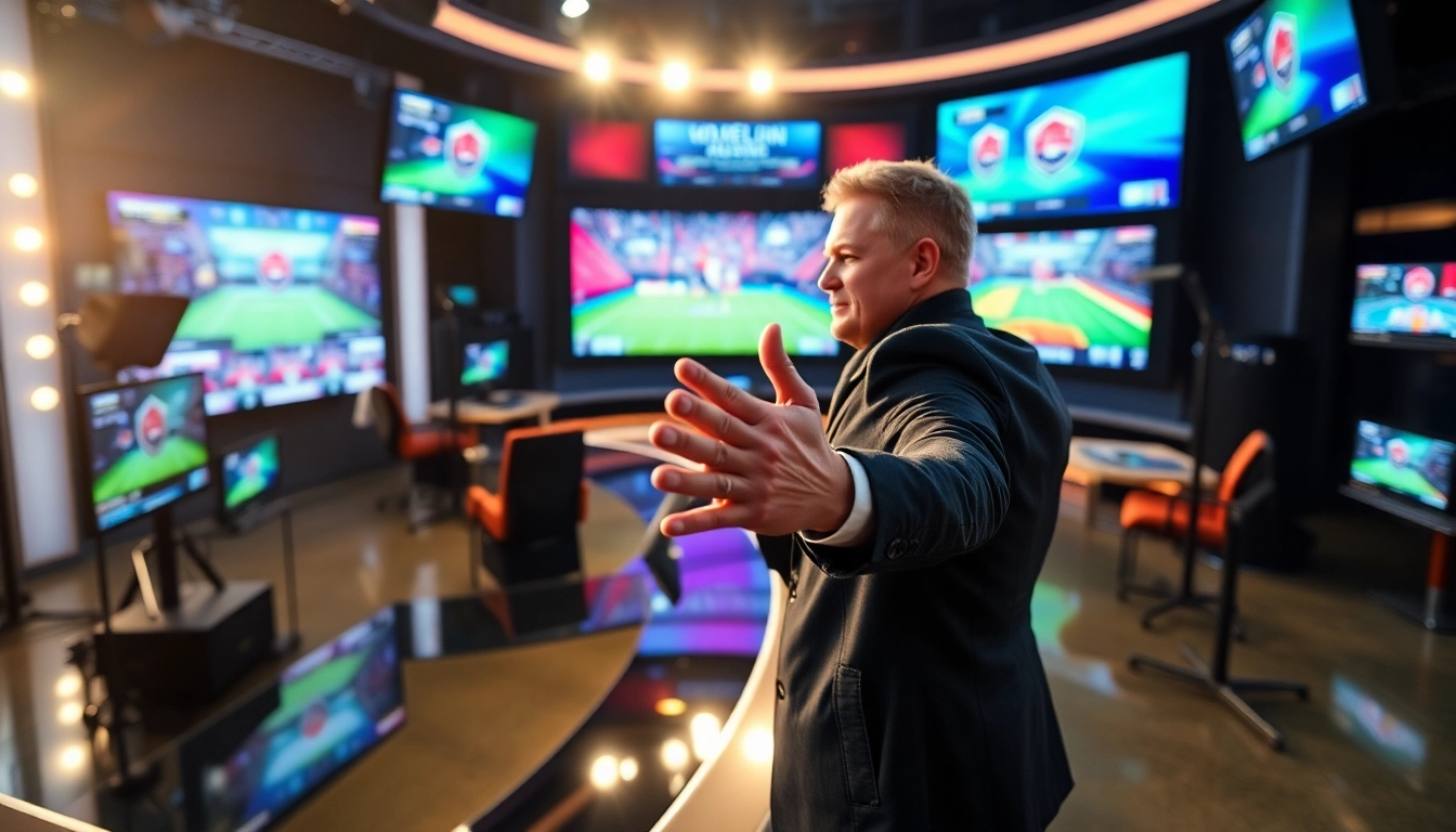 Dynamic sports broadcasting scene with an enthusiastic anchor engaging viewers and vibrant visuals.